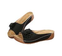 Pantofole da donna estive, sandali eleganti ortopedici Arch Support, pantofole estive, sandali aperti, sandali in pelle, vintage, scarpe estive per il tempo libero, Nero , 44 EU
