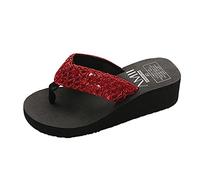 Pantofole da donna floreali da spiaggia, infradito alla moda, con fondo spesso, infradito estive, casual, alla moda, da spiaggia, da donna, con zeppa, blu jeans, Rosso 1, 37 EU