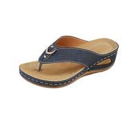 Pantofole da donna in pelle, estive, infradito da donna, estive, in pelle, per il tempo libero, estive, leggere, con suola morbida, con zeppa, Blu, 43 EU