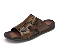 Pantofole da uomo in vera pelle, punta aperta, sandali piatti alla moda, estivi, comodi, da infilare, atletica, da passeggio, per la guida e la spiaggia, Marrone, 39 2/3 EU