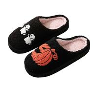 Pantofole divertenti Halloween scheletro ricamo in pile scarpe da interno | Ricamo scheletro e ossa incrociate, morbido pile, suola antiscivolo, coppie unisex, taglie UK 3-8, stagione spettrale e casa