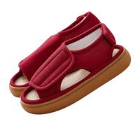 Pantofole Donna Uomo per Piedi Gonfi e Anziani, Ciabatte Punta Aperta a Pianta Larga Regolabili con Strappo, Sandali Traspiranti con Plantare Effetto Lino e Suola Antiscivolo,Donna Rosso vino,39