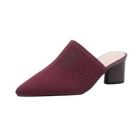 Pantofole estive da donna a punta chiusa con punta cava posteriore a punta in tessuto a bocca profonda casual tacchi alti pantofole in maglia per donna suola rigida, vino, 37.5 EU