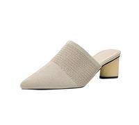 Pantofole estive da donna a punta chiusa con punta cava posteriore a punta in tessuto a bocca profonda casual tacchi alti pantofole in maglia per donna suola rigida, Beige, 37.5 EU