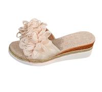 Pantofole estive da donna con plateau, eleganti pantofole con fiore, tacco a zeppa, espadrillas, sandali estivi con plateau, sandali con plateau, antiscivolo, per il tempo libero, Beige, 4.5 UK