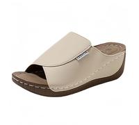 Pantofole estive da donna, con zeppa, per il tempo libero, eleganti, con zeppa, comode e larghe, in pelle, con supporto per l'arch, cachi, 36 EU