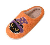 Pantofole per gatti di Halloween, pantofole arancioni, da donna, con gattino mago, cursori, graziosi cursori stampati, accoglienti diapositive per interni, scarpe da casa sfocate, pantofole invernali