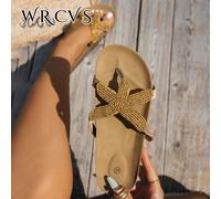 Pantofole piatte da donna con decorazione a perline a forma di stella, infradito traspiranti e leggere, design con cinturino tra le dita, suola in sughero, scarpe da spiaggia antiscivolo, scarpe da va