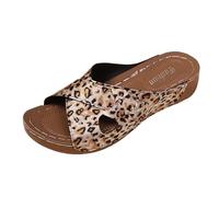 Pantofole Sandali con zeppa da donna, in pelle, con punta aperta, tomaia incrociata con ritagli laterali con stampa animale visibile, retro aperto, suola leggera spessa | spiaggia, città, primavera
