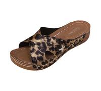 Pantofole Sandali con zeppa da donna, in pelle, con punta aperta, tomaia incrociata con ritagli laterali con stampa animale visibile, retro aperto, suola leggera spessa | spiaggia, città, primavera