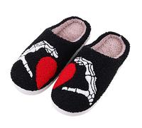 Pantofole spettrali di Halloween per donne e uomini, novità divertente teschio cuore peluche fuzzy cuscino pantofola coppia slip-on indoor casa casa bella morbida Fuzzy Thermal Slider scarpe, Nero
