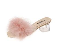 Pantolette da donna con tacco in peluche, sandali da donna trasparenti, scivoli posteriori aperti, comodi slip-on, suola solida, sandali per interni ed esterni, scarpe casual, Colore: rosa., 42 EU