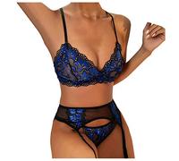 Panty And Stocking Mutande Aperte Donna Set con Scollo A V Floreale da con Reggiseno A Rete in Pizzo 3 S-3Xl Perizoma Biancheria Intima Donna Calze Sexyhot (Blue XXL)