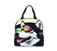panverix Borsa per il pranzo con cane in stile cartone animato che ascolta la musica, riutilizzabile, borsa per il pranzo, borsa termica per uomo