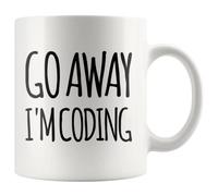 Panvola Tazza in ceramica bianca da 325 ml, con scritta "Go Away I'm Coding Coder Coder" (lingua italiana non garantita)