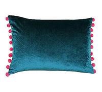 Paoletti Riva Fiesta Rettangolare Piume D'Oca Cuscino Blu Rosa Pompon Edges - Faux Velluto Tessuto - Discreto Chiusura con Zip - 100 Caso (14" X 20" Pollici), Poliestere, Teal/Berry, 35 X 50Cm