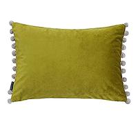 Paoletti Riva Fiesta Rettangolare Piume D'Oca Cuscino Verde Beige Pompon Edges - Faux Velluto Tessuto - Discreto Chiusura con Zip - 100 Caso (14" X 20" Pollici), Poliestere, bambù/Naturale, 35 X 50C