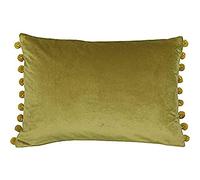 Paoletti Riva Fiesta Rettangolare Piume D'Oca Cuscino Verde Pompon Edges - Faux Velluto Tessuto - Discreto Chiusura con Zip - 100 Caso (14" X 20" Pollici), Poliestere, bambù/Oro, 35 X 50Cm