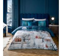 Set copripiumino Paoletti Starlight - Set di biancheria da letto di lusso in raso di cotone a 200 fili Winter Village con bordino (Blu Notte - King)