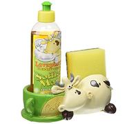 Paolo Chiari - Set 3 Pezzi, Porta Spugna e Porta Detersivo Piatti in Marmoresina Dipinta a Mano, Mucca Alice, Completo di Spugna e Detersivo (250 ml), Made in Italy, 18x7.50x21 cm