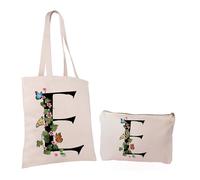 Paolo Chiari Set Borsa Shopper e Beauty Case in Cotone, Stampa con Lettera, Motivo Fiori e Farfalle, Colore Neutro (Lettera E)