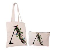 Paolo Chiari Set Borsa Shopper e Beauty Case in Cotone, Stampa con Lettera, Motivo Fiori e Farfalle, Colore Neutro (Lettera A)