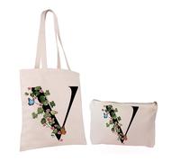 Paolo Chiari Set Borsa Shopper e Beauty Case in Cotone, Stampa con Lettera, Motivo Fiori e Farfalle, Colore Neutro (Lettera V)