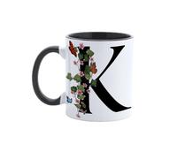 Paolo Chiari Tazza in Ceramica Personalizzata con Lettera, Motivo Floreale con Farfalle e Manico Nero, Made in Italy, 300 ml (K)