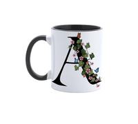 Paolo Chiari Tazza in Ceramica Personalizzata con Lettera, Motivo Floreale con Farfalle e Manico Nero, Made in Italy, 300 ml (A)