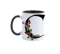Paolo Chiari Tazza in Ceramica Personalizzata con Lettera, Motivo Floreale con Farfalle e Manico Nero, Made in Italy, 300 ml (C)