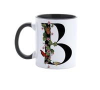 Paolo Chiari Tazza in Ceramica Personalizzata con Lettera, Motivo Floreale con Farfalle e Manico Nero, Made in Italy, 300 ml (B)