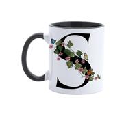 Paolo Chiari Tazza in Ceramica Personalizzata con Lettera, Motivo Floreale con Farfalle e Manico Nero, Made in Italy, 300 ml (S)