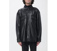 PAOLO PECORA Giacca camicia oversize in pelle con tasche a toppa 48 Nero