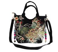 Paowsietiviity Handmade Pavone Ricamo Etnico Viaggio Borsa A Tracolla Donne Borse Nero, Nero , Taglia unica
