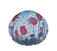 Papavero rosso e farfalla Cuffie da doccia Pittura a mosaico Estate Primavera Fiori di campo Campo Giardino Donna Riutilizzabile Copricapo a doppio strato Cappello da doccia morbido per tutta la lun