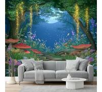 Papel pintado Carta da parati fotografica Funghi luminosi della foresta delle fiabe Moderne Decorazione Soggiorno Camera De Letto Sala Ufficio 350 x 256 cm corridoio decorazioni pareti Blu colorato