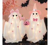 PAPER FAIR Set di 2 decorazioni per Halloween a forma di fantasma di Halloween, con mani, simpatiche decorazioni fai da te per Halloween, per interni, mensola e decorazione da tavolo, rosa e bianco