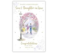 Paper Rose Biglietto di anniversario per genero e nuora, design romantico passeggiata nel parco, finitura laminata, biglietto di auguri per anniversario per una coppia speciale