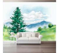Papier Peint Intissé Foresta e Prato Acquerello Verde,Photo Murale 200 x 140(WxH) pour Salon, Solution de Qualité Professionnelle pour Créer une Ambiance Naturelle et Calme