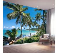 Papier Peint Intissé Spiaggia Tropicale con Palme Blu,Photo Murale 400 x 280(WxH) pour Salon, Solution de Qualité Professionnelle pour Créer une Ambiance Naturelle et Calme