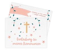 Papierdrachen 12 biglietti di invito per la comunione - motivo floreale croce - invito alla Santa Comunione per ragazze e ragazzi - DIN A6 - Set 3