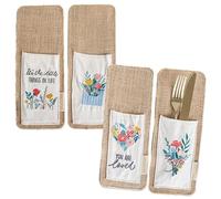 Papierdrachen 4 sacchetti per posate in iuta con ricamo floreale e messaggi ispiratori, 10 x 26,5 cm, sostenibili ed eleganti, set di decorazioni primaverili 1
