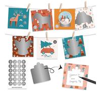 Papierdrachen Calendario dell'Avvento 2024 con biglietti da grattare, 12 x 12 cm, 24 carte da personalizzare, adesivi con numeri (argento), cordoncino, mollette da appendere - Boho Nordic Christmas -