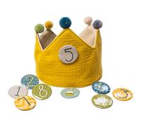 Papierdrachen Corona di mussola con numeri, colore giallo, per compleanni infantili, corona di mussola con bottoni dal 1 all'8, cappello decorativo per feste per bambini e bambine