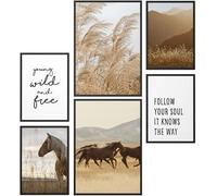 Papierschmiede® Mood Poster Set Stampe da Parete « Wild and Free » Quadri moderni per Soggiorno e Camera da Letto, 2x A4 e 4x A5, Bohémien cavalli grano pascolo - senza cornici
