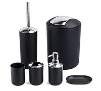 Papillon 6-Piece Bathroom Accessories Set, Toothbrush Holder with Cup, Soap Dispenser & Dish, Toilet Brush, Trash Can, Tumbler Set (Black)