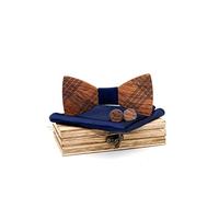 Papillon da uomo vintage a righe in legno scozzese con papillon da sposo e testimoni dello sposo, set di fazzoletti quadrati abbinati con confezione regalo, Blu scuro, taglia unica