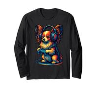 Papillon Dog Retro Gamer Vintage Gaming Amante dei cani Maglia a Manica