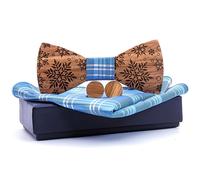 Papillon in legno con fazzoletto e bottoni da polso - Marrone / Blu Chiaro