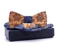 Papillon in legno con fazzoletto e bottoni da polso - Marrone / Nero
